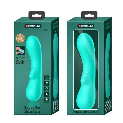 Pretty Love Super Soft Silicone Vibrator in packaging with USB rechargeable feature, vibrant green color, and multiple vibration settings.