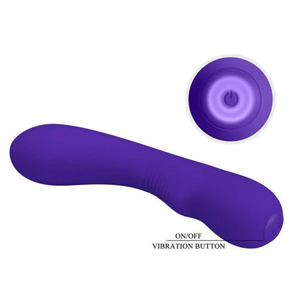 Prescott Vibrator USB Silicone Lilac with 12 vibration functions, showing power button for easy use.