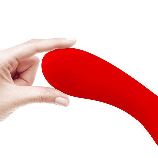 Close-up of Prescott Vibrator USB Silicone Red showing the flexible tip and sleek, comfortable design, ideal for diverse pleasure settings.