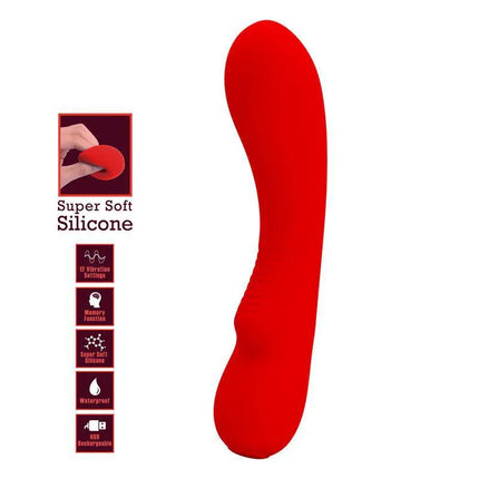 Prescott Vibrator USB Silicone Red with 12 vibration settings and memory function for personalized experiences, shown in sleek red design.