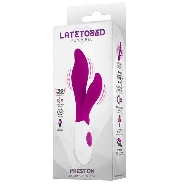 Packaging of Preston Vibe with Stimulator Silicone showcasing dual-action vibrator with 30 vibration functions for G-spot and clitoral stimulation.