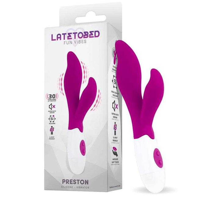 Preston Vibe with Stimulator Silicone dual-action vibrator with packaging, featuring G-spot and clitoral stimulation design.
