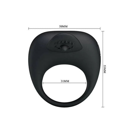 Pretty Love Anillo Vibrador Tonguo Negro, soft vibrating cock ring with measurements: 50mm width, 35mm height, 31mm diameter.