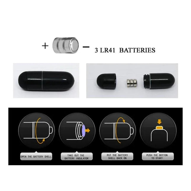 Pretty Love Cage with Vibrating Bullet 14 cm Black battery setup with LR41 batteries and assembly instructions.
