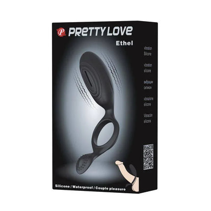 Packaging of Pretty Love Cock Ring Ethel Black, premium vibrating ring for couples, discreet design with a snug 2.4 cm inner diameter.
