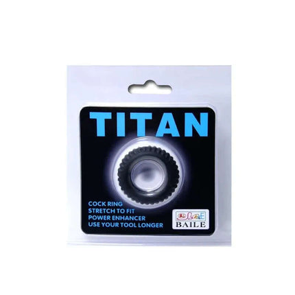 Packaging of Pretty Love Cock Ring Titan, featuring silicone ring for enhanced performance and confidence. Includes customizable fit options.