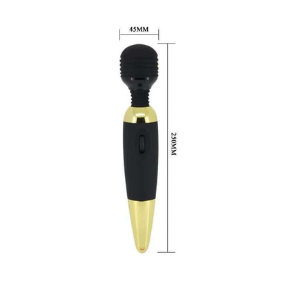 Pretty Love Massager Power Wand Black and Gold with dimensions, ergonomic design, and variable vibration settings for versatile use.