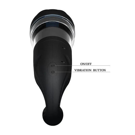 Pretty Love Masturbator Breton Black showing ergonomic design with on/off and vibration buttons for hands-free use.