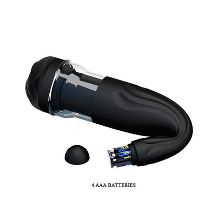 Pretty Love Masturbator Breton Black with detachable compartment and batteries shown