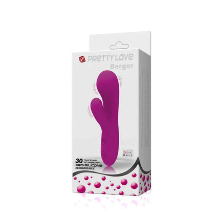 Packaging of Pretty Love Mini Massager Berger Purple with dual massager design and 30 vibration functions.