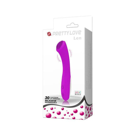 Pretty Love Mini Massager Len Purple in packaging with 30 vibration modes for targeted G-spot and full-body stimulation.