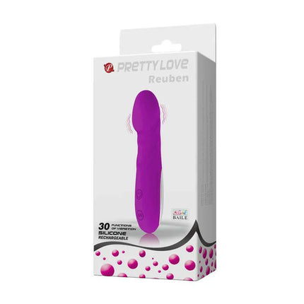 Pretty Love Mini Massager Reuben Purple packaging, showcasing silicone design for G-spot stimulation.