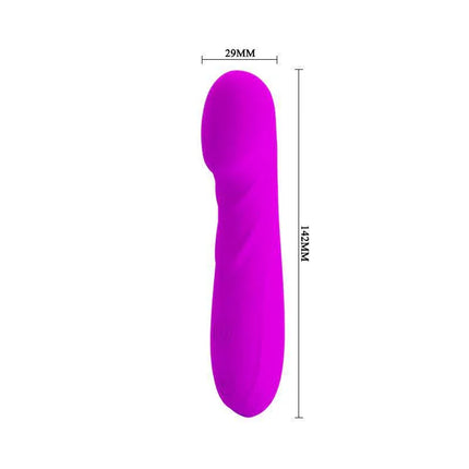 Pretty Love Mini Massager Reuben Purple, silicone G-spot massager with petal-shaped finish, compact design measuring 142mm x 29mm.