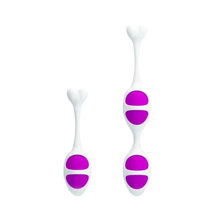 Pretty Love Oval Shaped Kegel Balls Purple for pelvic exercise and stimulation, made from soft silicone, shown in two sizes.