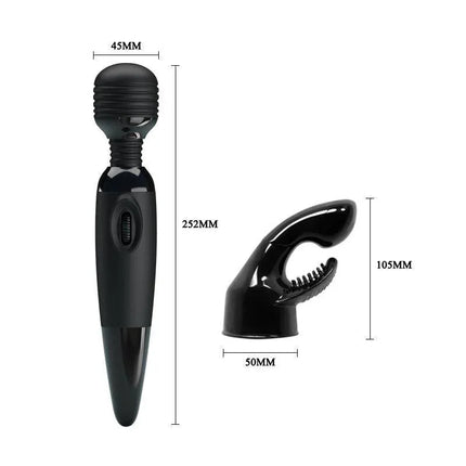 Pretty Love Sensual Massager Black with dimensions, featuring ergonomic design for versatile, discreet stimulation.