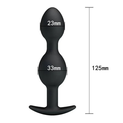 "Pretty Love Silicone Anal Balls Black" dual-ball anal plug with dimensions in sleek black finish.
