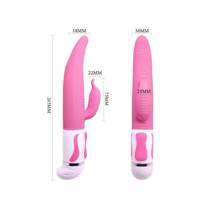 Pretty Love Vibe Antoine Pink ribbed vibrator in ergonomic pink silicone with measurements shown on white background.