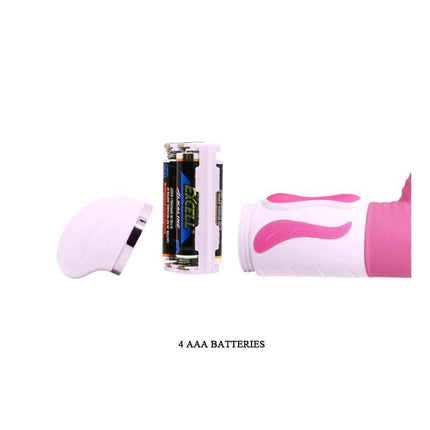 Battery compartment of Pretty Love Vibe Antoine Pink vibrator, displaying 4 AAA batteries insertion.