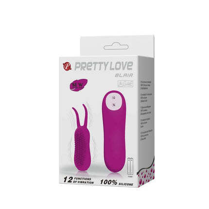 Pretty Love Vibe Blair Purple rabbit vibrator packaging with 12 vibration modes and remote control for clitoral stimulation.