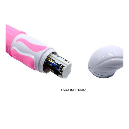 Pretty Love Vibe Fascination Pink with battery compartment and cap detached, showing 4 AAA batteries required for usage.