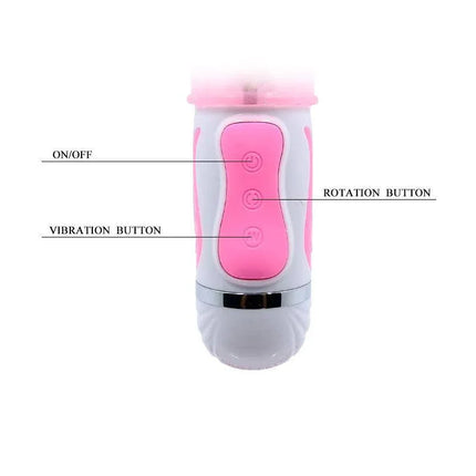 Pretty Love Vibe Fascination Pink with labeled control buttons for on/off, vibration, and rotation functions.