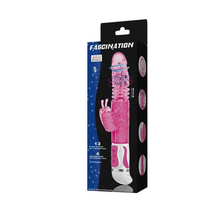Pretty Love Vibe Fascination Pink in packaging showcasing multi-sensory pleasure toy features and vibrant design.