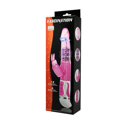 Pretty Love Vibe Fascination Pink vibrator in packaging, featuring flexible design for customizable pleasure, 27.5 cm length, USA made.
