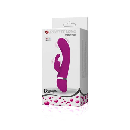 Pretty Love Vibe Freda Purple in packaging with 30 vibration modes and ergonomic design.