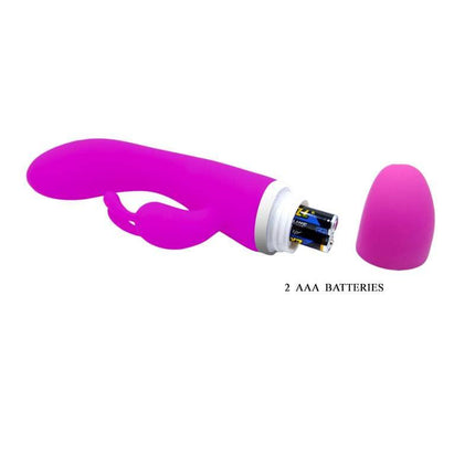 Pretty Love Vibe Freda Purple G-spot vibrator with battery compartment open, showing 2 AAA batteries.