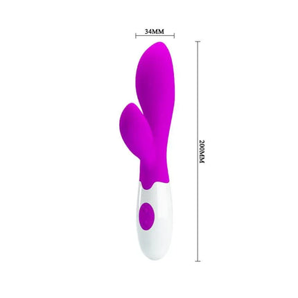 Pretty Love Vibe Newman Purple dual-action wand with 30 vibration functions for targeted stimulation, shown with dimensions.