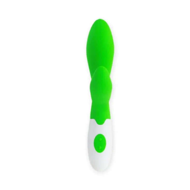 Pretty Love Vibe Owen Green - 30-function green vibrator with flexible appendix, designed for double stimulation. Safe silicone, 10x3 cm.
