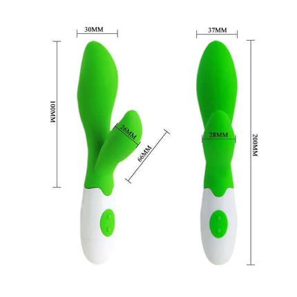 Pretty Love Vibe Owen Green vibrator with dual stimulation design, 30 functions, and safe silicone material in bright green color.