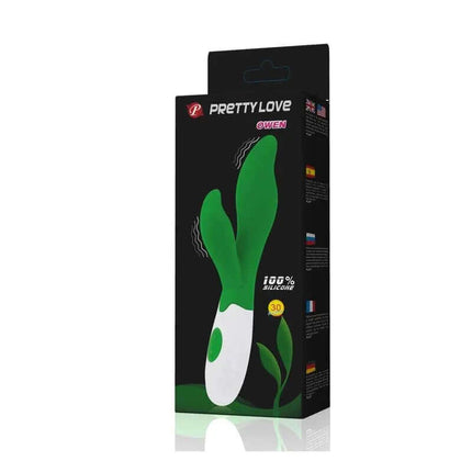 Pretty Love Vibe Owen Green vibrator packaging with dual stimulation design and 30 vibration functions.