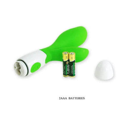 Pretty Love Vibe Owen Green vibrator with batteries, featuring double stimulation and 30 functions, designed for ultimate pleasure.