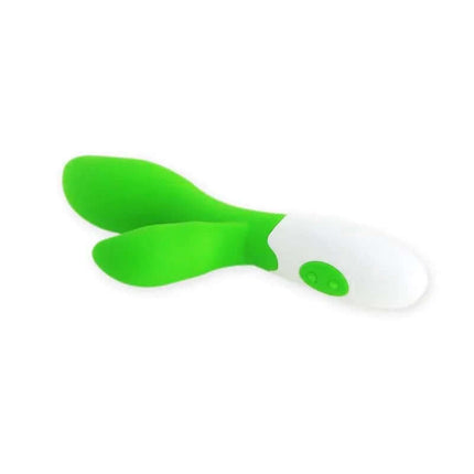 Pretty Love Vibe Owen Green vibrator with 30 functions for dual stimulation, made from soft, body-safe silicone, measures 10 cm x 3 cm.