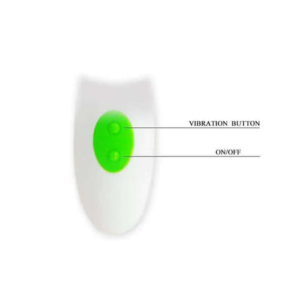 Close-up of Pretty Love Vibe Owen Green control buttons with vibration and on/off labels on white background.