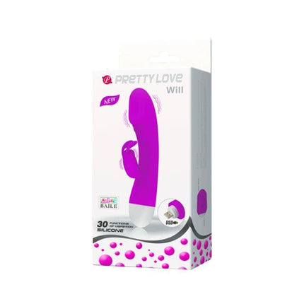 Packaging of Pretty Love Vibe Will Purple silicone vibrator with 30 functions for clitoral and G-spot stimulation.
