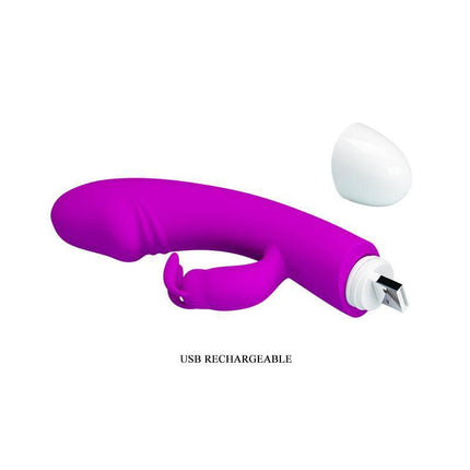 Pretty Love Vibe Will Purple, USB rechargeable curved silicone vibrator for clitoral and G-spot stimulation, shown with charger.