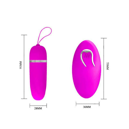Pretty Love Vibrating Bullet Debby Purple with dimensions shown in millimeters, featuring a sleek design and remote control.