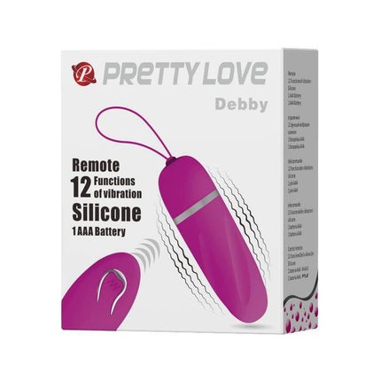 Pretty Love Vibrating Bullet Debby Purple in packaging showing 12 vibration functions and remote control features.