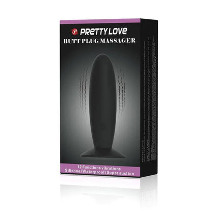 Pretty Love Vibrating Butt Plug Anal Black with 12 modes and suction cup, packaged in sleek box.