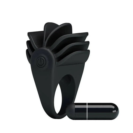 Pretty Love Vibrating Cock Ring Chester Black with built-in clitoral stimulator and removable bullet vibrator shown in black.