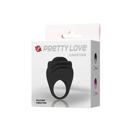 Pretty Love Vibrating Cock Ring Chester Black in packaging, silicone, secure fit, clitoral stimulator for enhanced pleasure.
