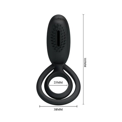 Pretty Love Vibrating Cock Ring Esther Black with dimensions, designed for enhanced couples' pleasure.