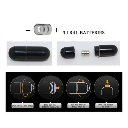 Illustration of battery setup for Pretty Love Vibrating Cock Ring Esther Black with LR41 batteries and assembly instructions.