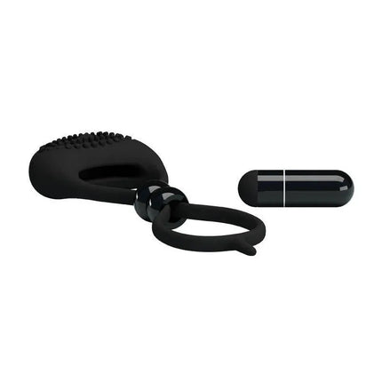 Pretty Love Vibrating Cock Ring Locker Black with dual openings and detachable vibrator for enhanced pleasure.
