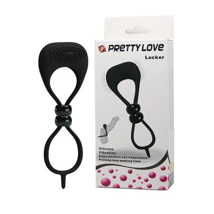 Pretty Love Vibrating Cock Ring Locker Black in packaging with silicone design and dual openings for enhanced pleasure.