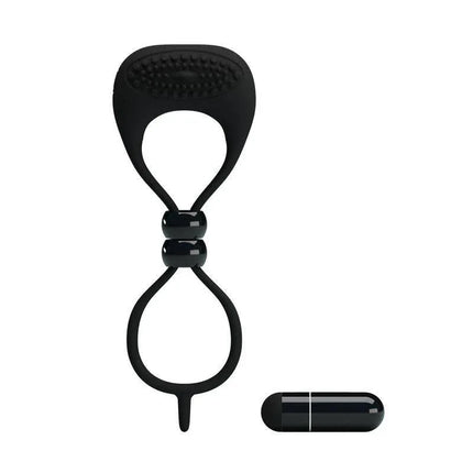 Pretty Love Vibrating Cock Ring Locker Black silicone ring with dual openings and detachable vibrator for targeted stimulation.