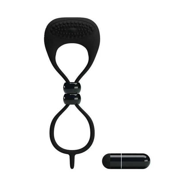 Pretty Love Vibrating Cock Ring Locker Black silicone ring with dual openings and detachable vibrator for targeted stimulation.