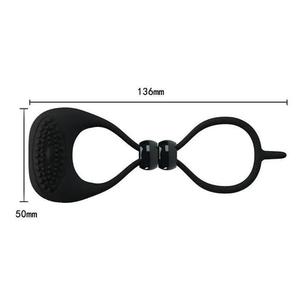 Pretty Love Vibrating Cock Ring Locker Black, silicone ring with dual openings, dimensions 136mm x 50mm, shown in black color.